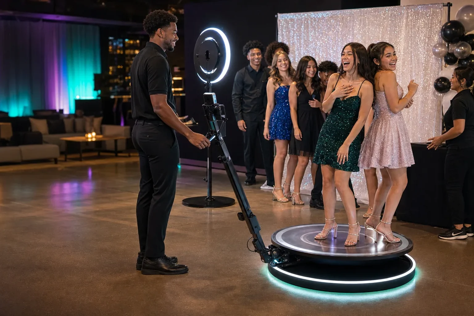 Teens using a 360 video photo booth at a Blue Bell Sweet 16 or mitzvah party