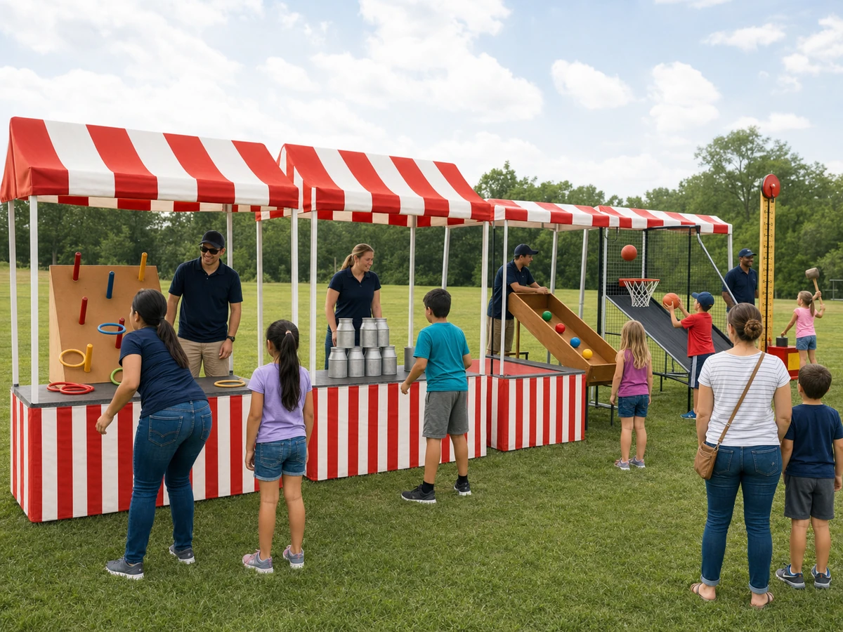 families playing classic portable carnival rental games for a Hampton, VA event