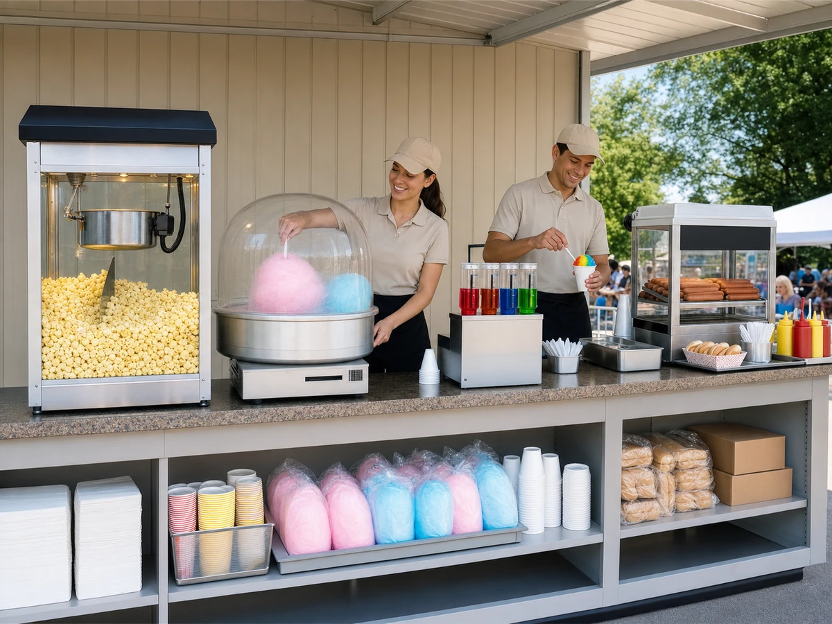 clean popcorn cotton candy snow cone and hot dog concession station for a Augusta, GA event