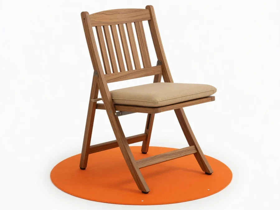 Fruitwood Resin WoodGrain Folding Chair with Tan Cushion table and chair rentals rental option in East Providence, RI