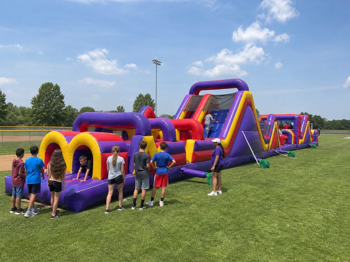 long supervised inflatable obstacle course at a field day for a Hampton, VA event