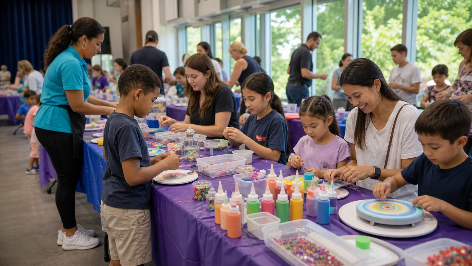 Children and families creating take-home crafts at a staffed Party Pros event station