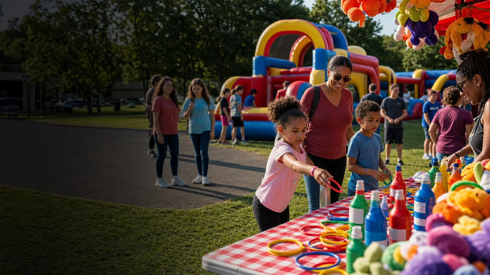 Families playing Party Pros carnival game rentals at an outdoor event