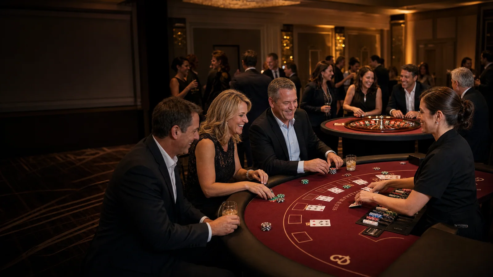Professional dealer hosting a Party Pros blackjack table at a no-cash casino night