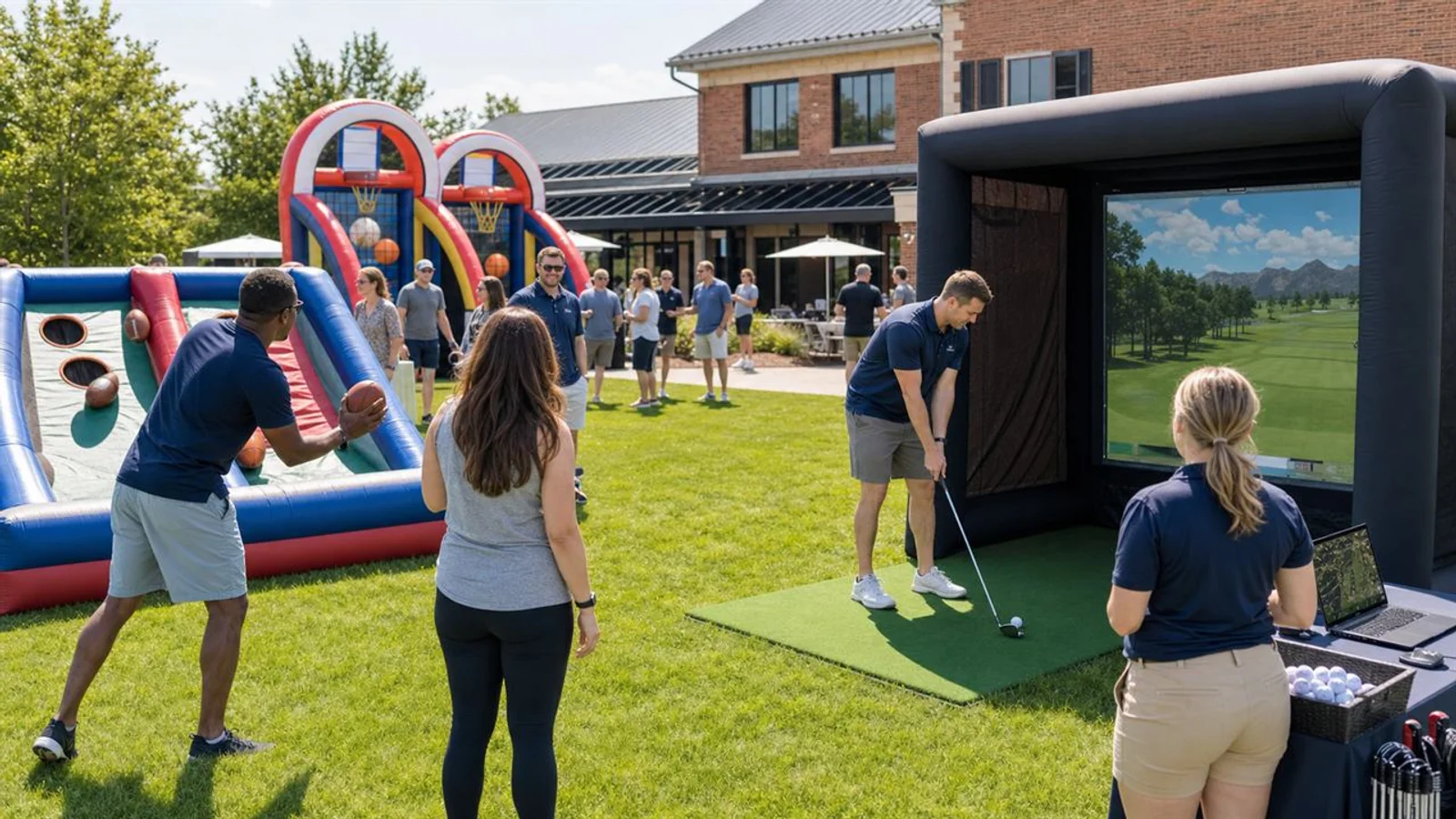 Coworkers competing in staffed Party Pros games at a team-building event