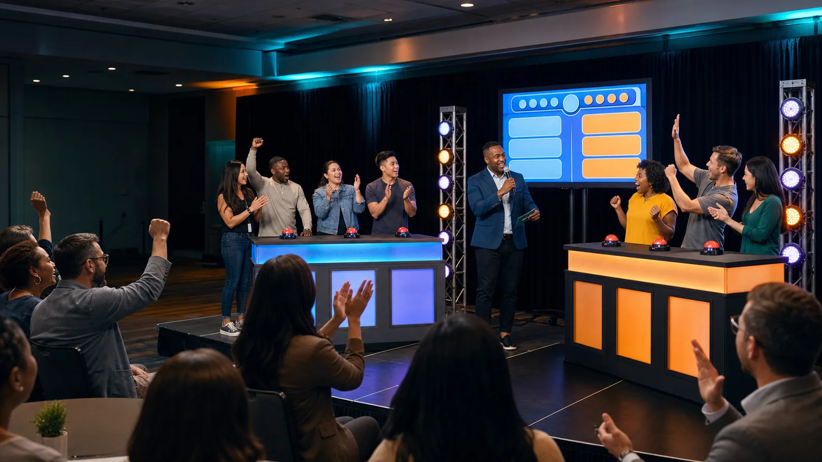 Coworkers competing in a professionally hosted portable game show rental