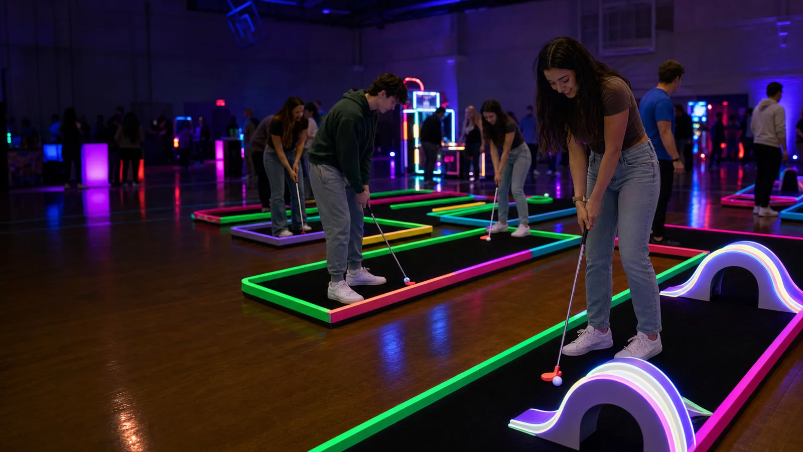 Teens playing portable black-light glow mini golf in a school gym