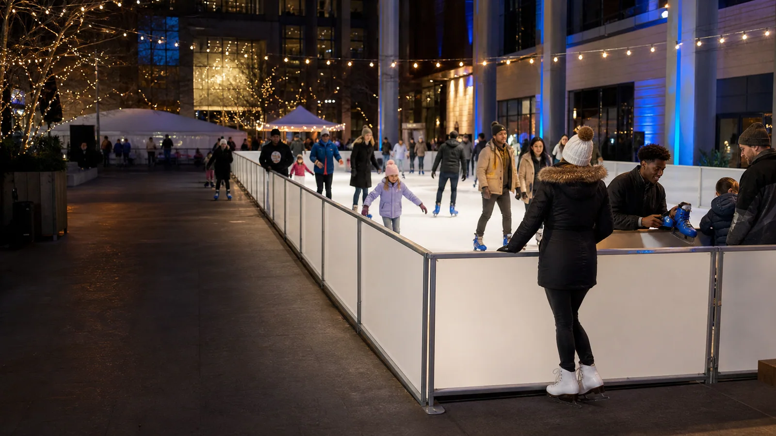 Temporary synthetic ice skating rink rental at a staffed winter event