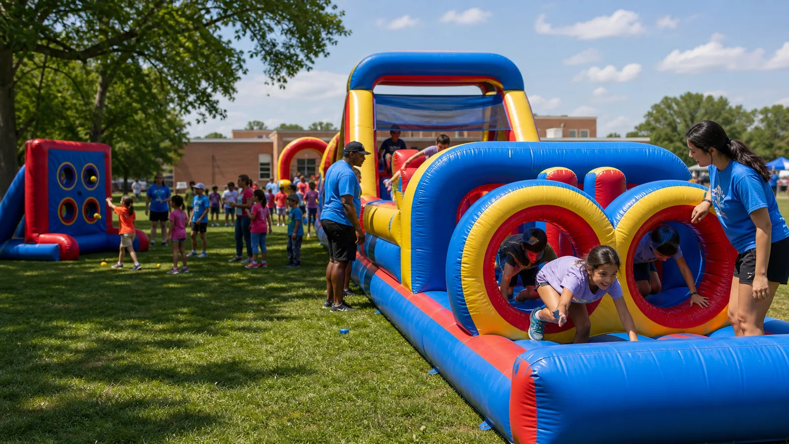 Children racing through a supervised Party Pros inflatable obstacle course