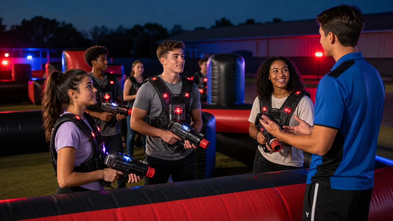 Teens receiving instructions for a supervised mobile laser tag rental