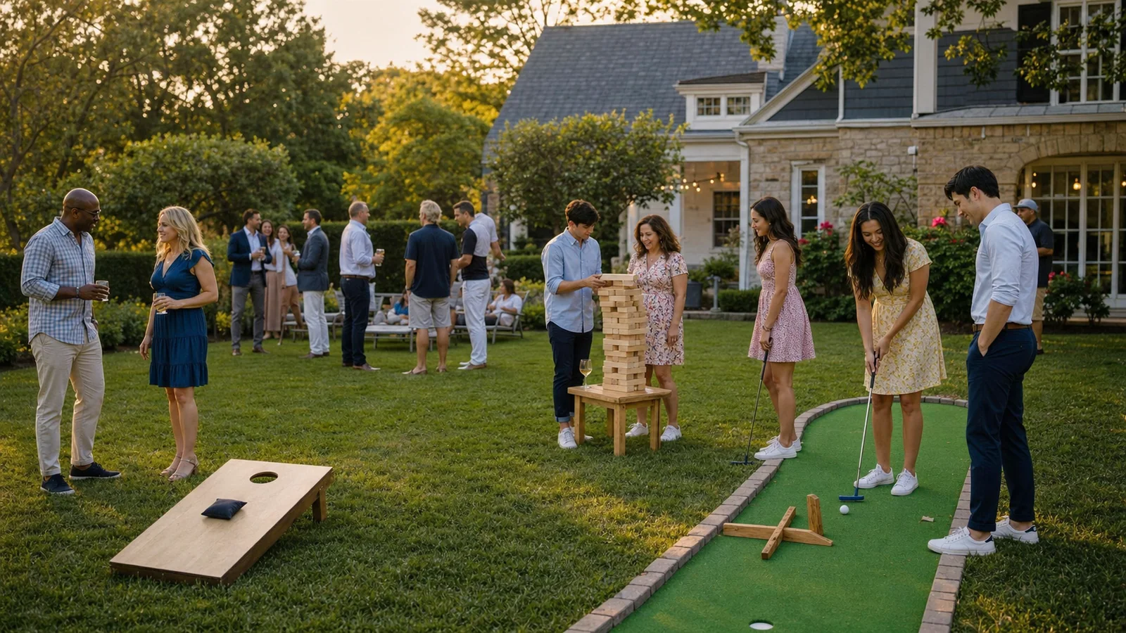 Guests playing cornhole, giant Jenga, and portable mini golf at a Party Pros event