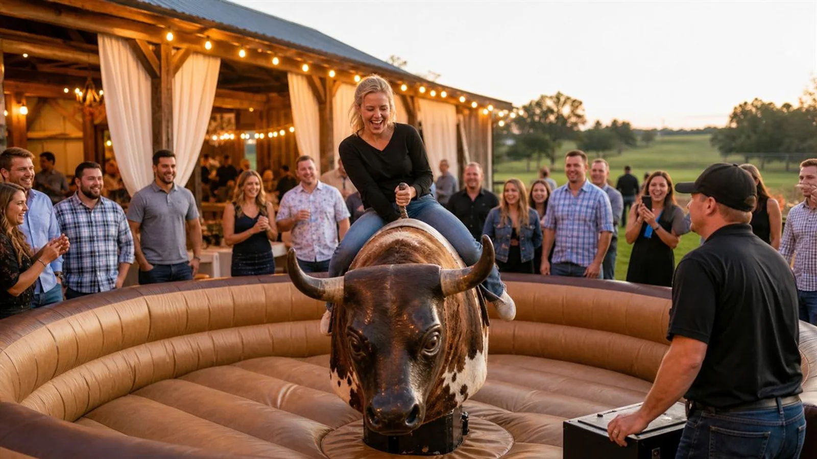 Guest riding a professionally operated mechanical bull inside a padded inflatable arena
