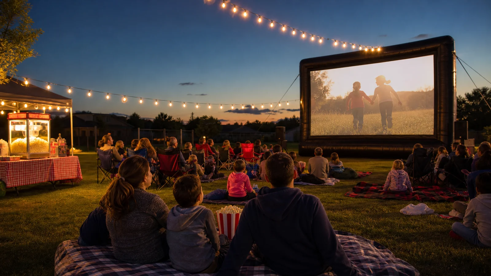 Guests watching an outdoor movie on a large inflatable screen with popcorn at a Party Pros event
