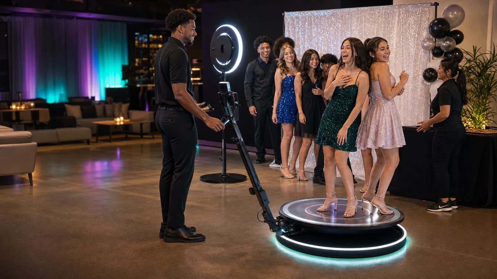 Teen guests celebrating with a 360 video booth and open-air photo booth