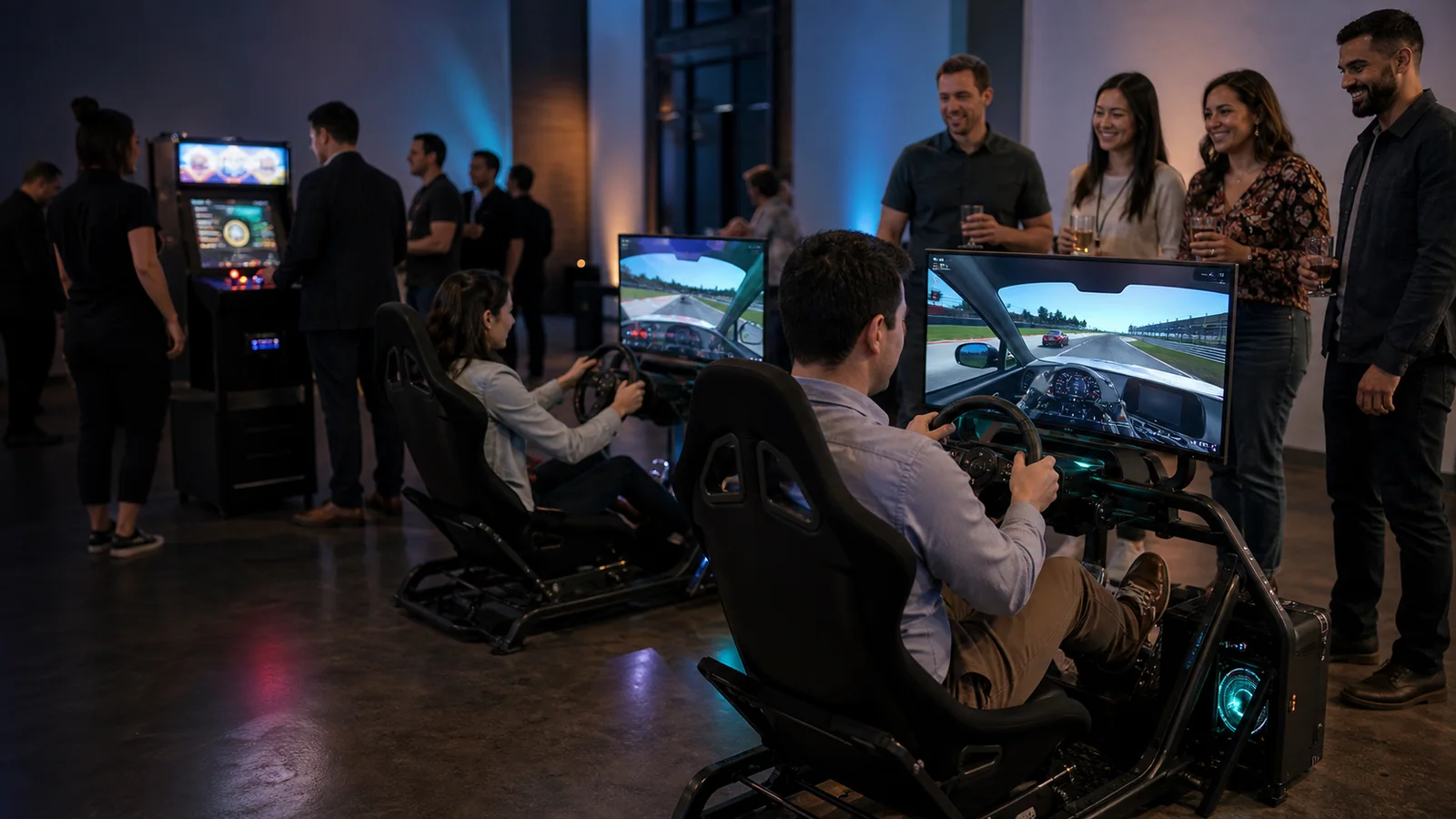 Guests competing on side-by-side portable racing simulator rentals