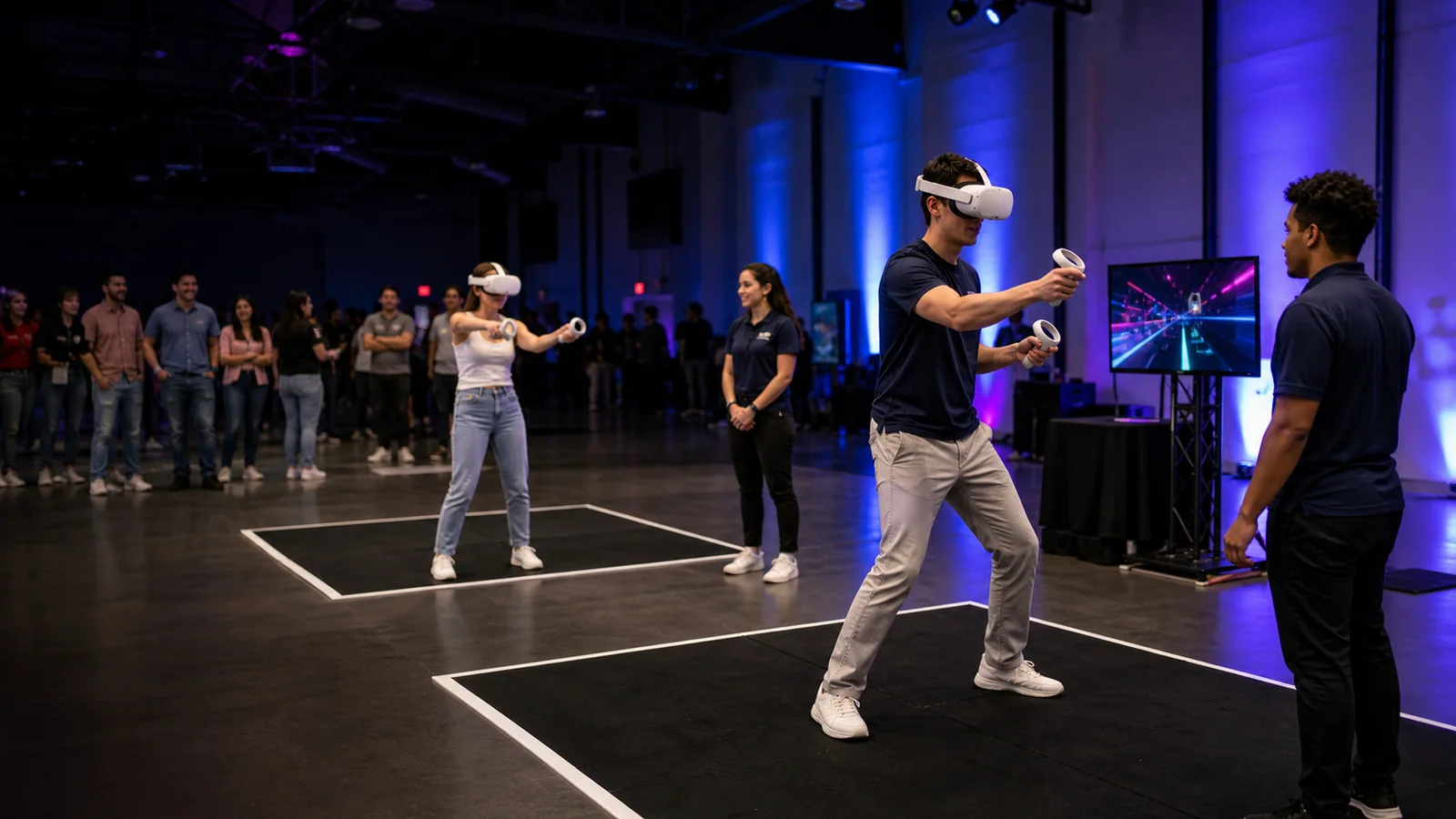 Guests using supervised virtual reality headsets in marked event play zones