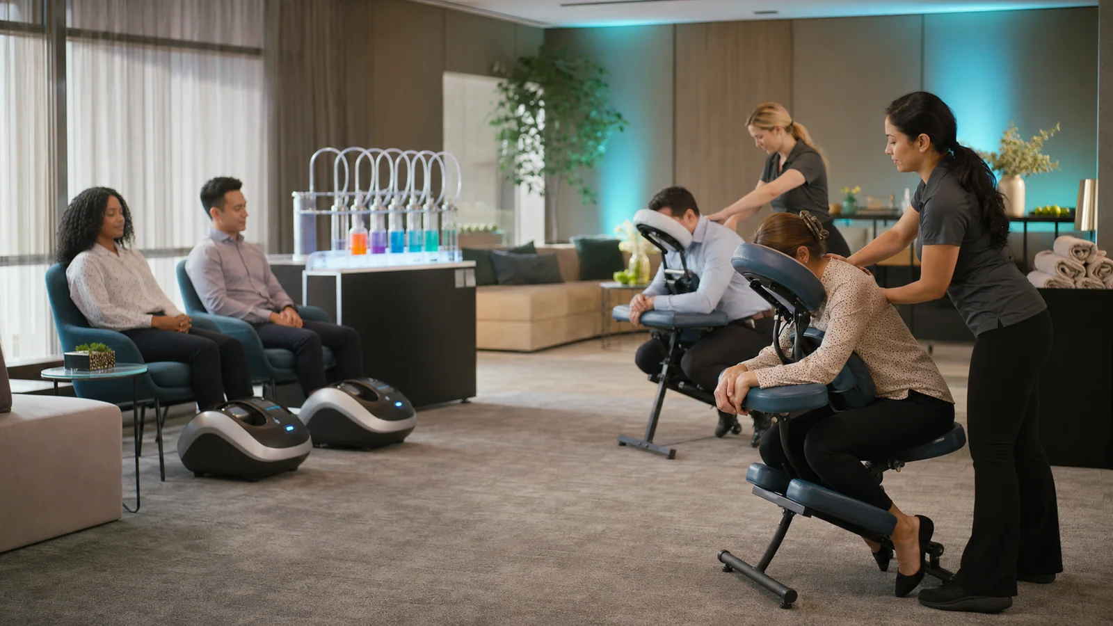 Portable massage chairs and relaxation stations at a Party Pros corporate wellness event