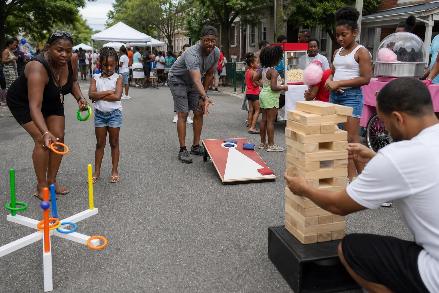 Neighbors playing ring toss, cornhole, giant Jenga, popcorn, and cotton candy at a Philadelphia block party