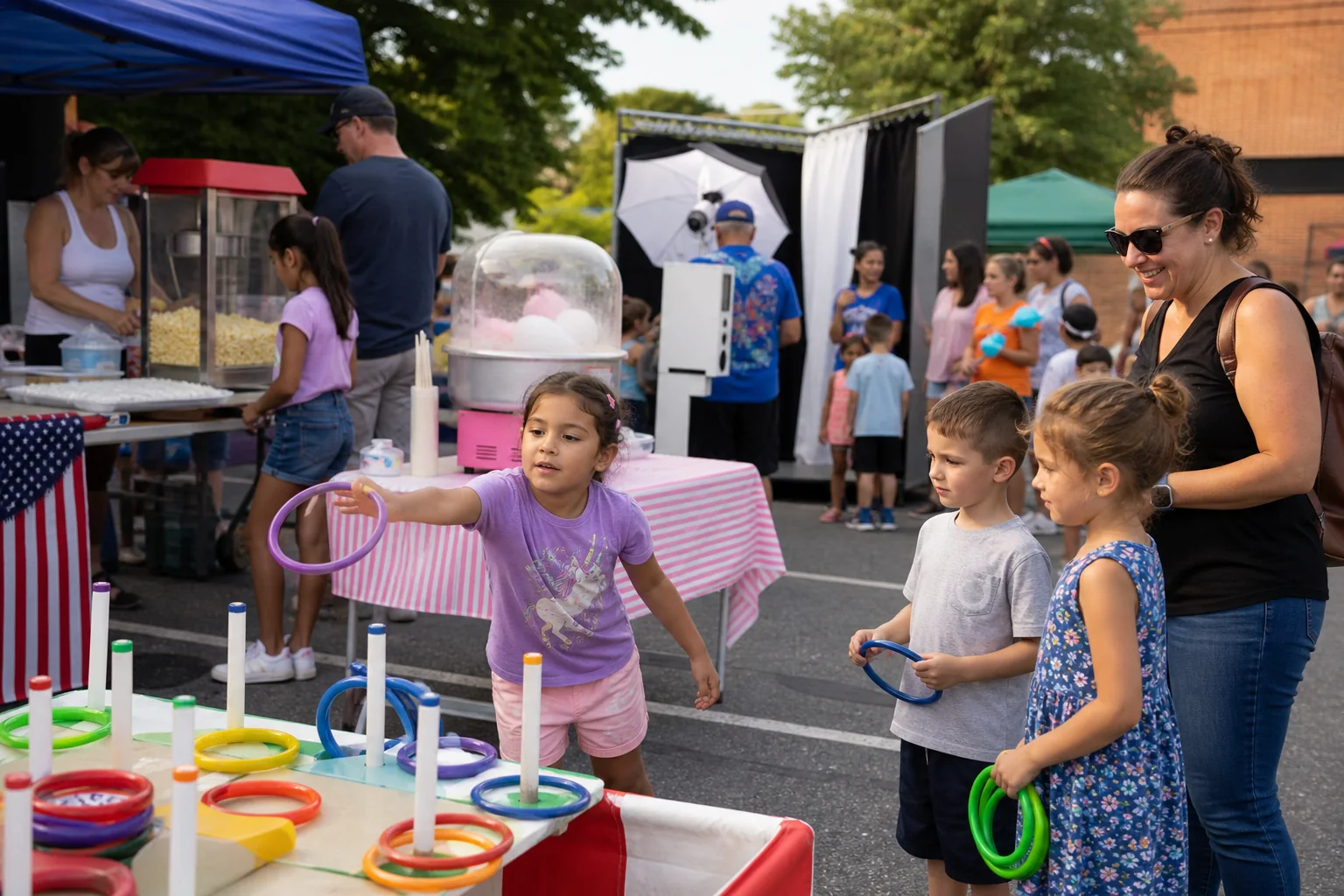 Children playing carnival booth games near popcorn, cotton candy, and photo booth rentals at a Philadelphia church festival