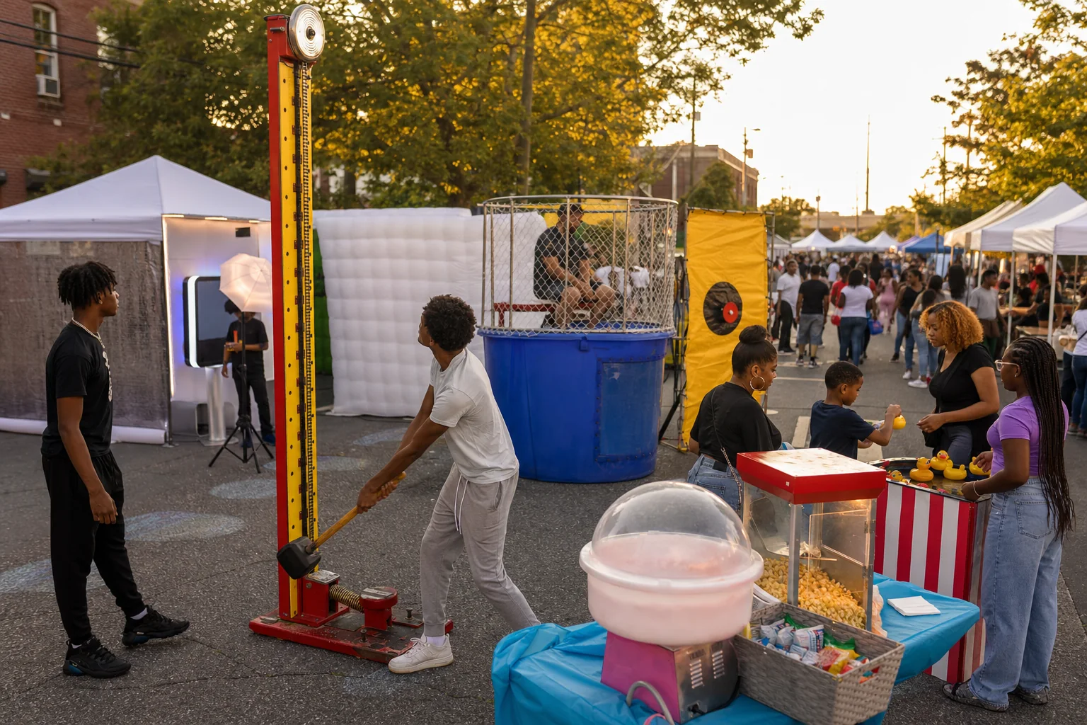 Guests playing high striker and carnival games at a Philadelphia community festival with concessions and dunk tank