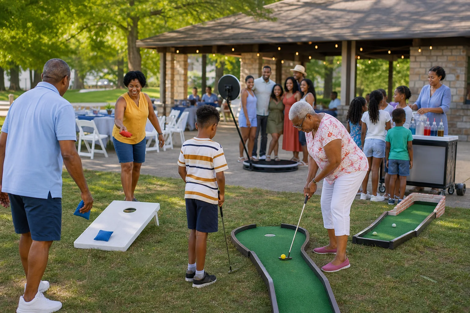 Family reunion guests playing cornhole and mini golf near a 360 photo booth and snow cone station in Philadelphia