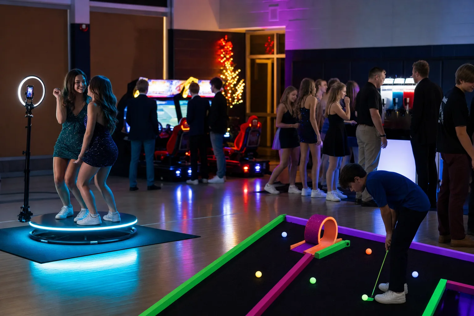 Students using a 360 video booth, glow mini golf, arcade games, and frozen drink station at a Philadelphia school dance