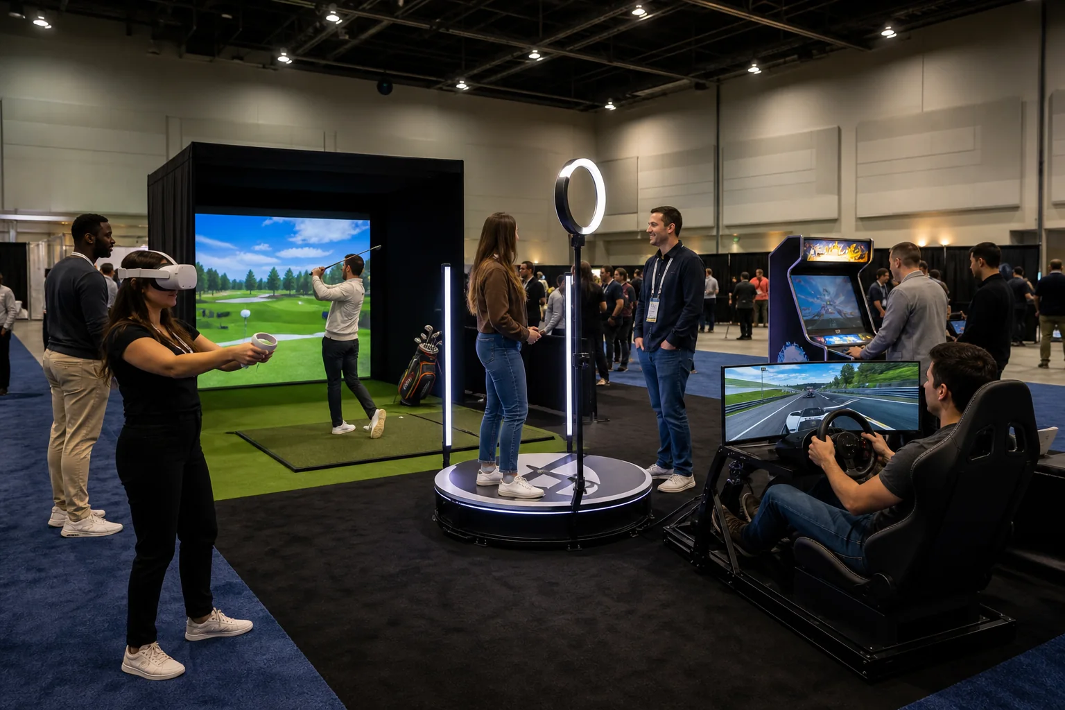 Trade show attendees using golf simulator, racing simulator, VR, arcade, and 360 photo booth rentals in Philadelphia