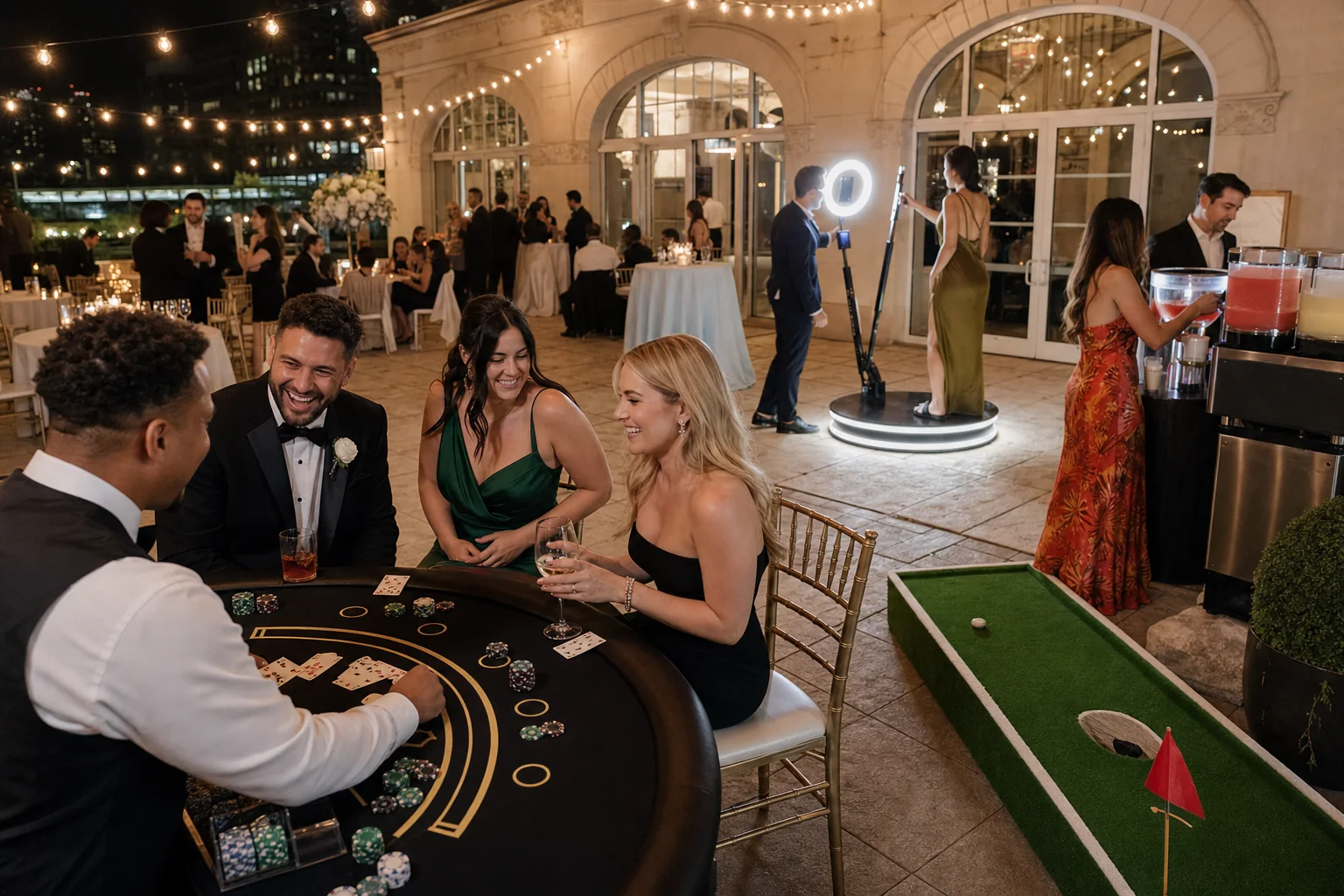 Wedding guests enjoying blackjack, 360 photo booth, frozen drinks, and mini golf at a Philadelphia reception