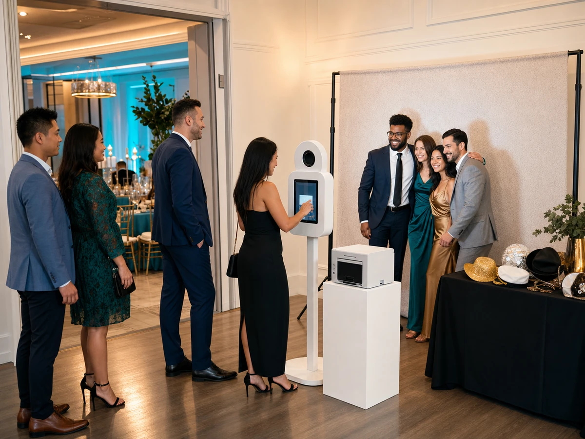 adult guests using a modern open-air event photo booth for a Hampton, VA event