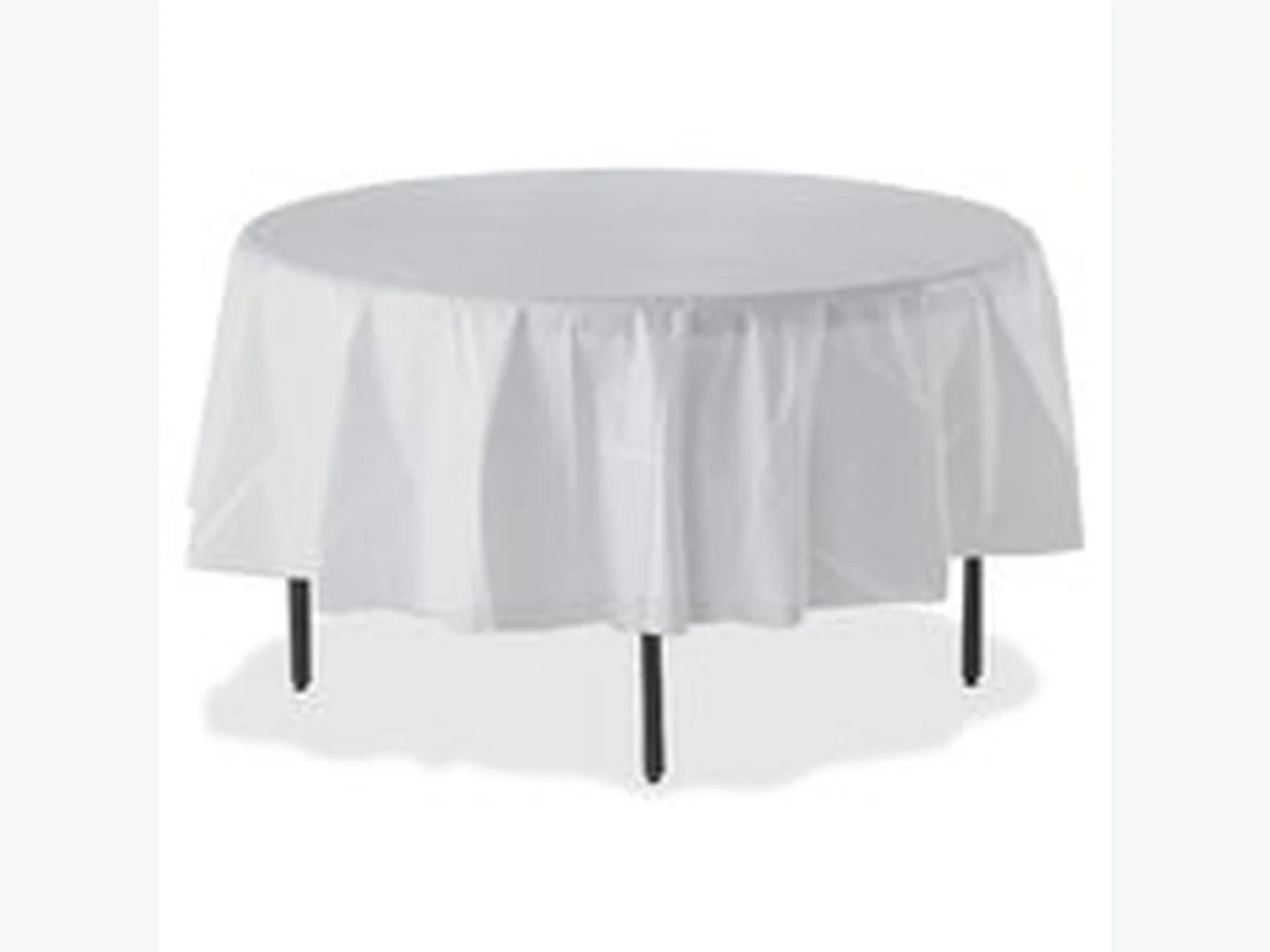 Round Table Covers (DISPOSABLE WHITE PLASTIC) table and chair rentals option for Orlando, FL