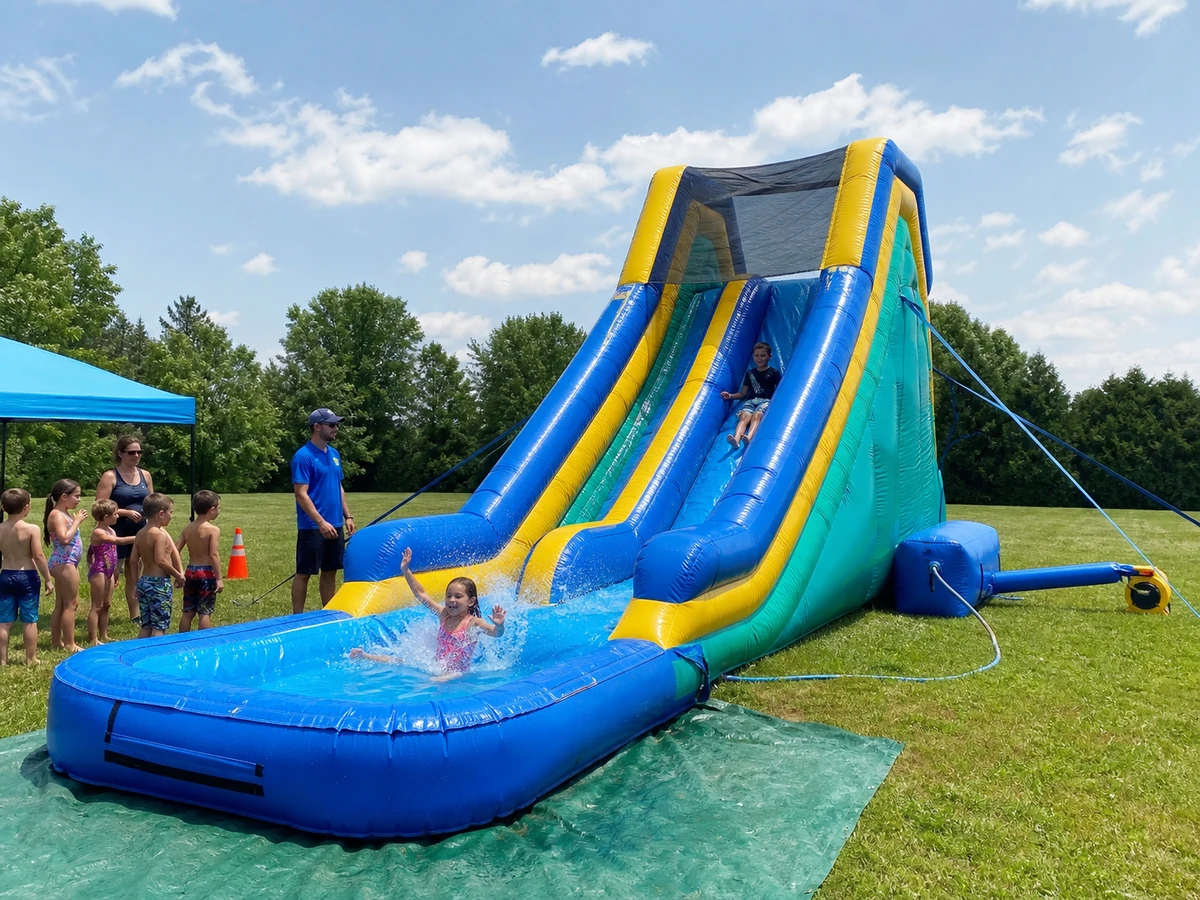 supervised dual-lane inflatable water slide on grass for a Hampton, VA event