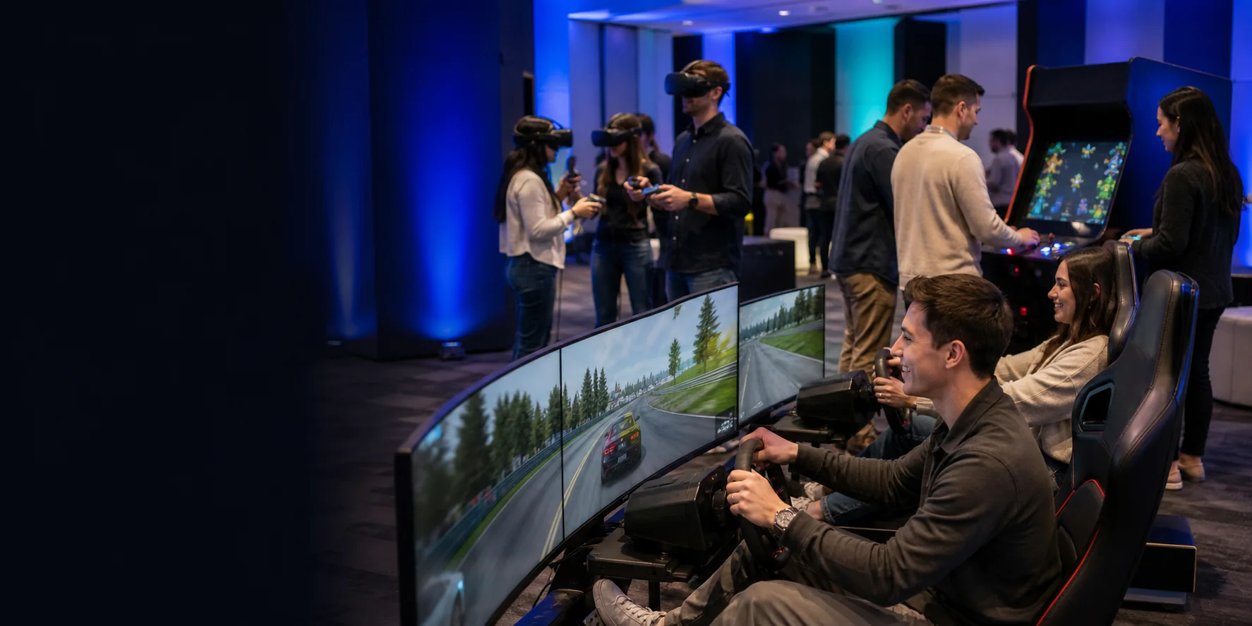 Party Pros arcade, racing simulator, and virtual reality entertainment at an East Coast event