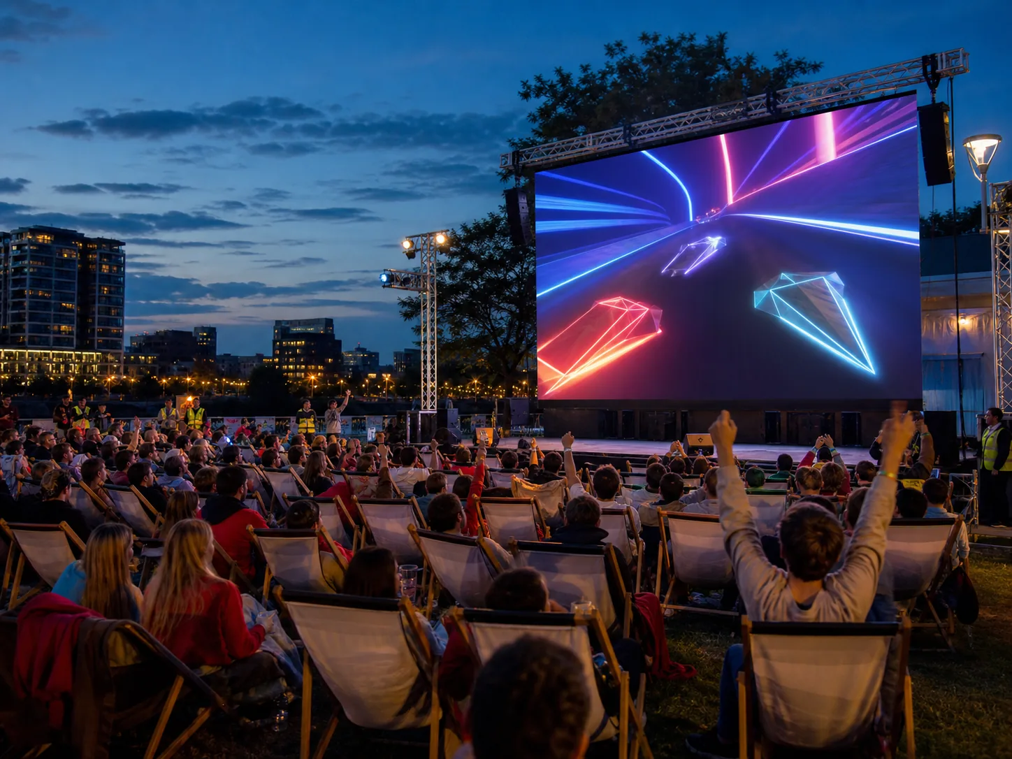 Outdoor esports tournament projected on a large movie screen