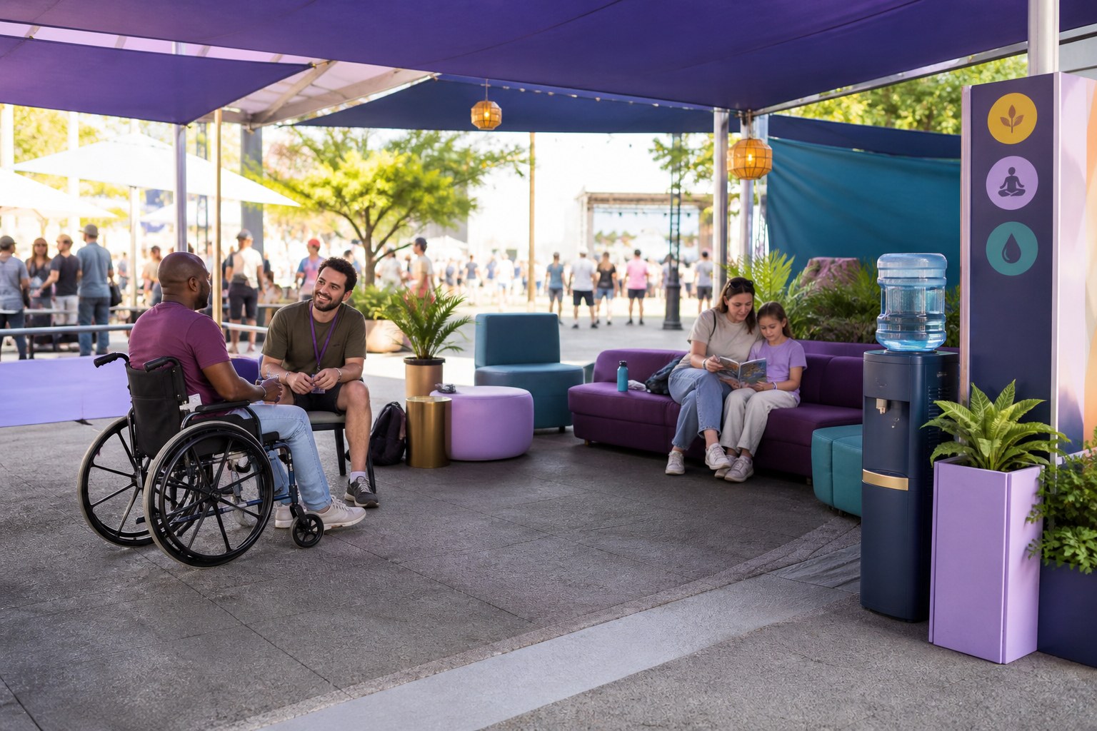 Shaded quiet and rest zone with flexible seating and a clear path at a community event