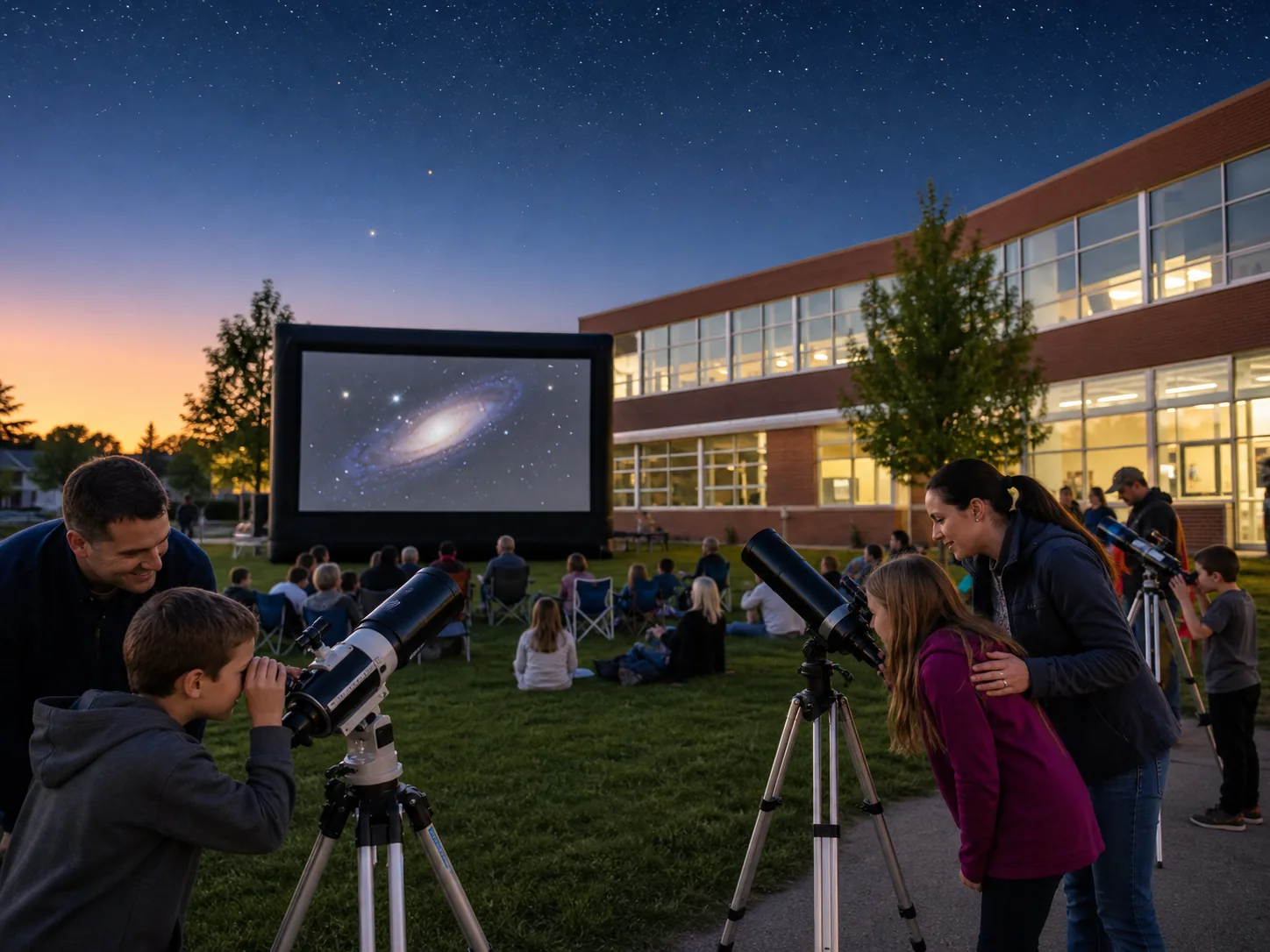 Outdoor STEM movie night with telescopes and a large screen