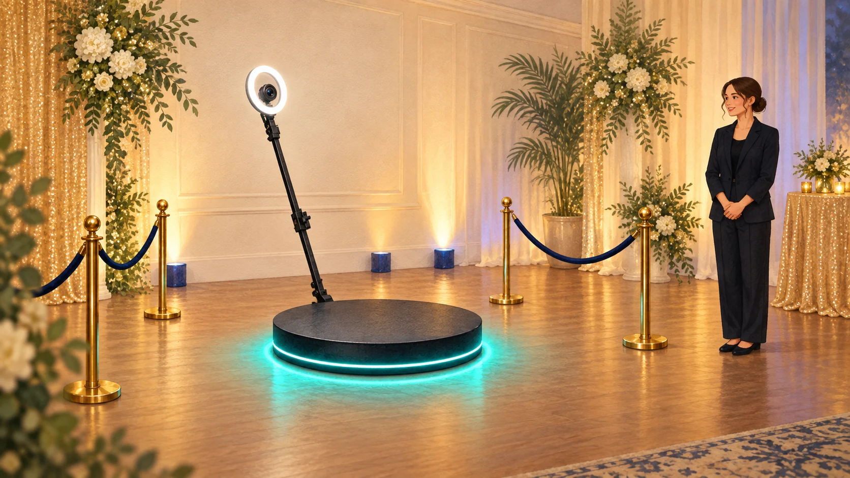 Illustrated 360 video platform and camera arm with an uncluttered operating area.