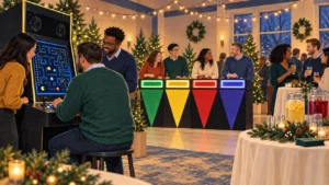 Illustrated company holiday party with arcade games, colorful game-show podiums, and alcohol-free refreshments.