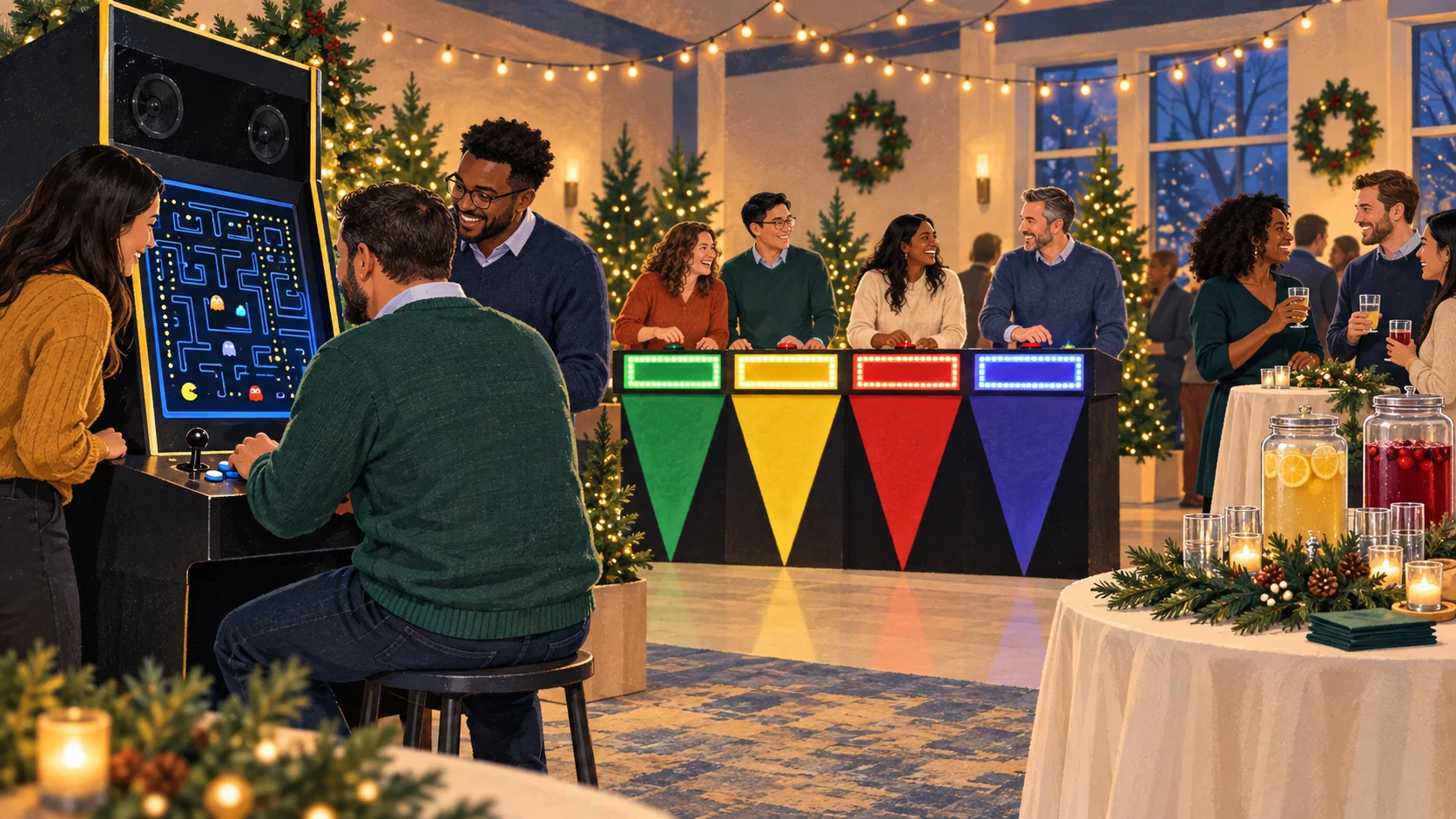 Illustrated company holiday party with arcade games, colorful game-show podiums, and alcohol-free refreshments.