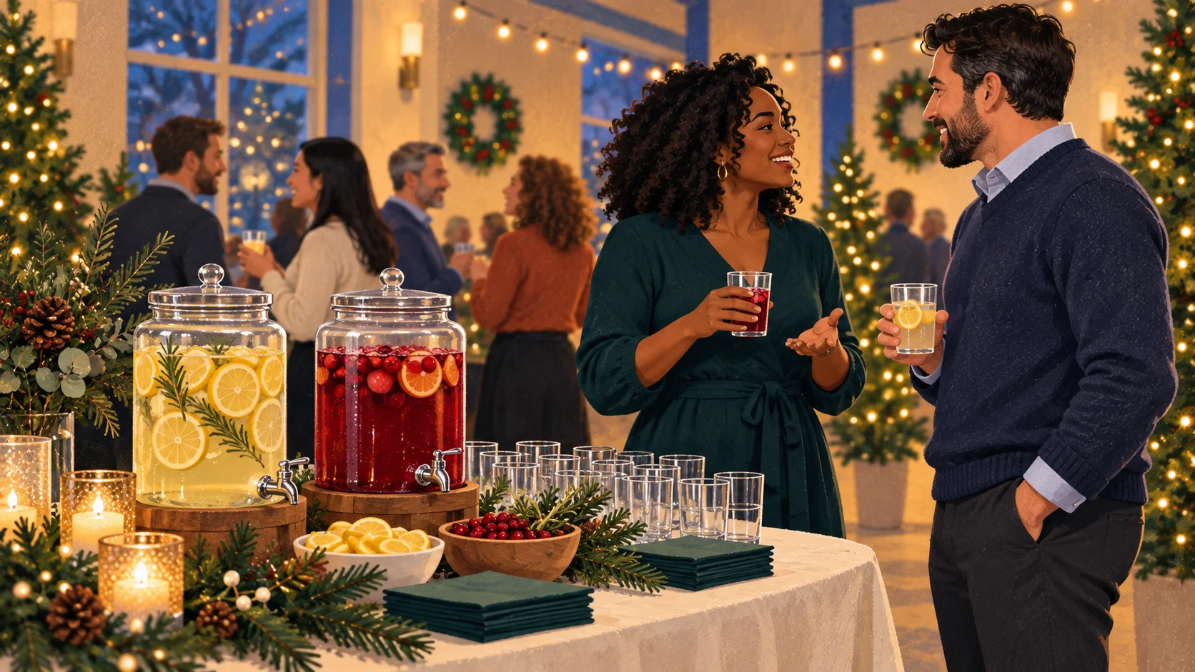 Illustrated alcohol-free drink station with fruit water, sparkling juice, and coworkers chatting.