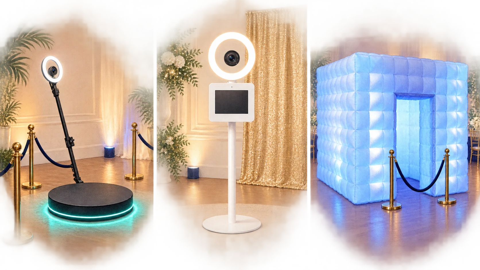 Illustrated comparison of a black 360 platform, white open-air photo kiosk, and blue inflatable enclosed photo booth.