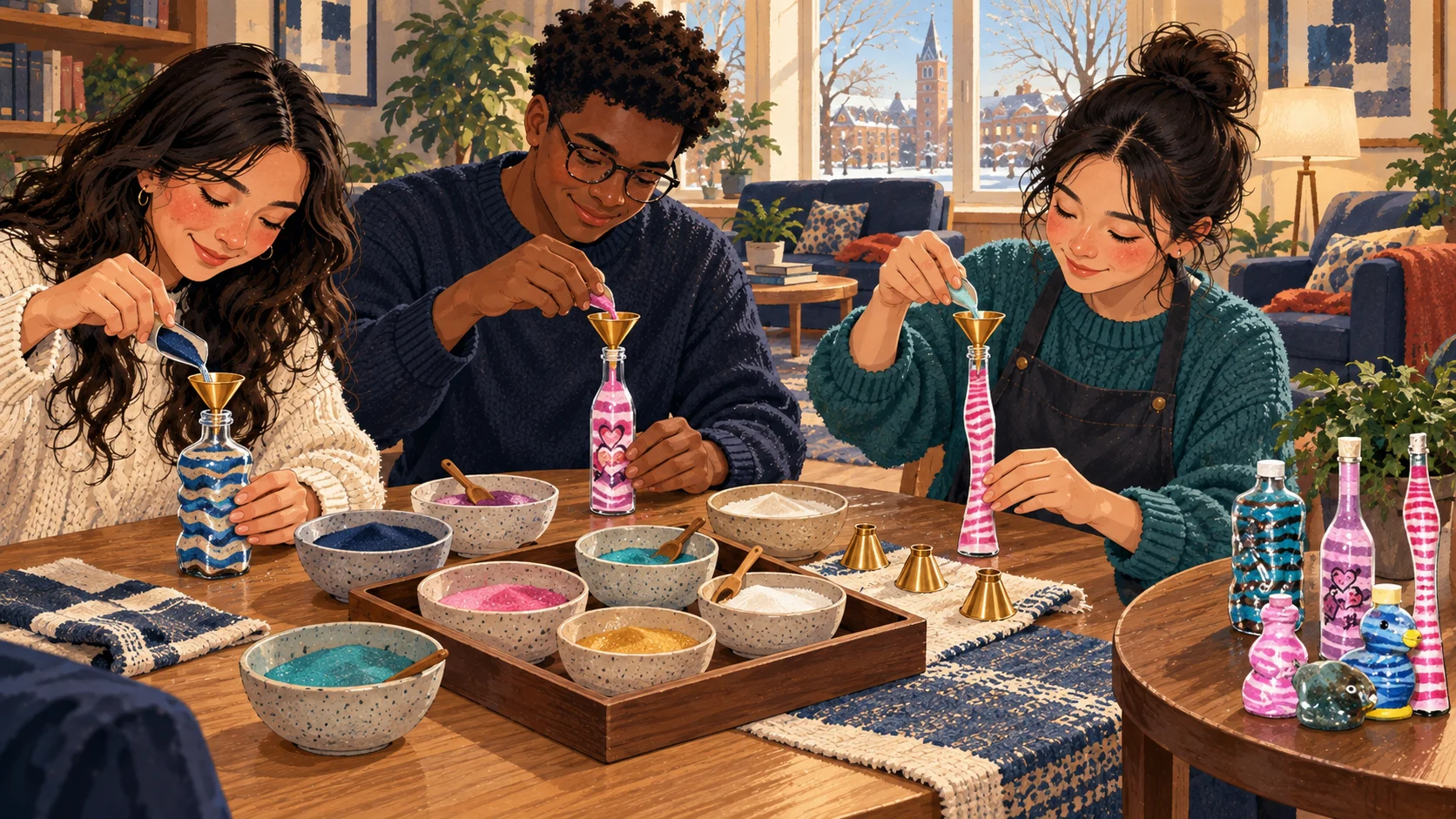 Illustrated college students filling colorful sand-art bottles at a drop-in activity table.