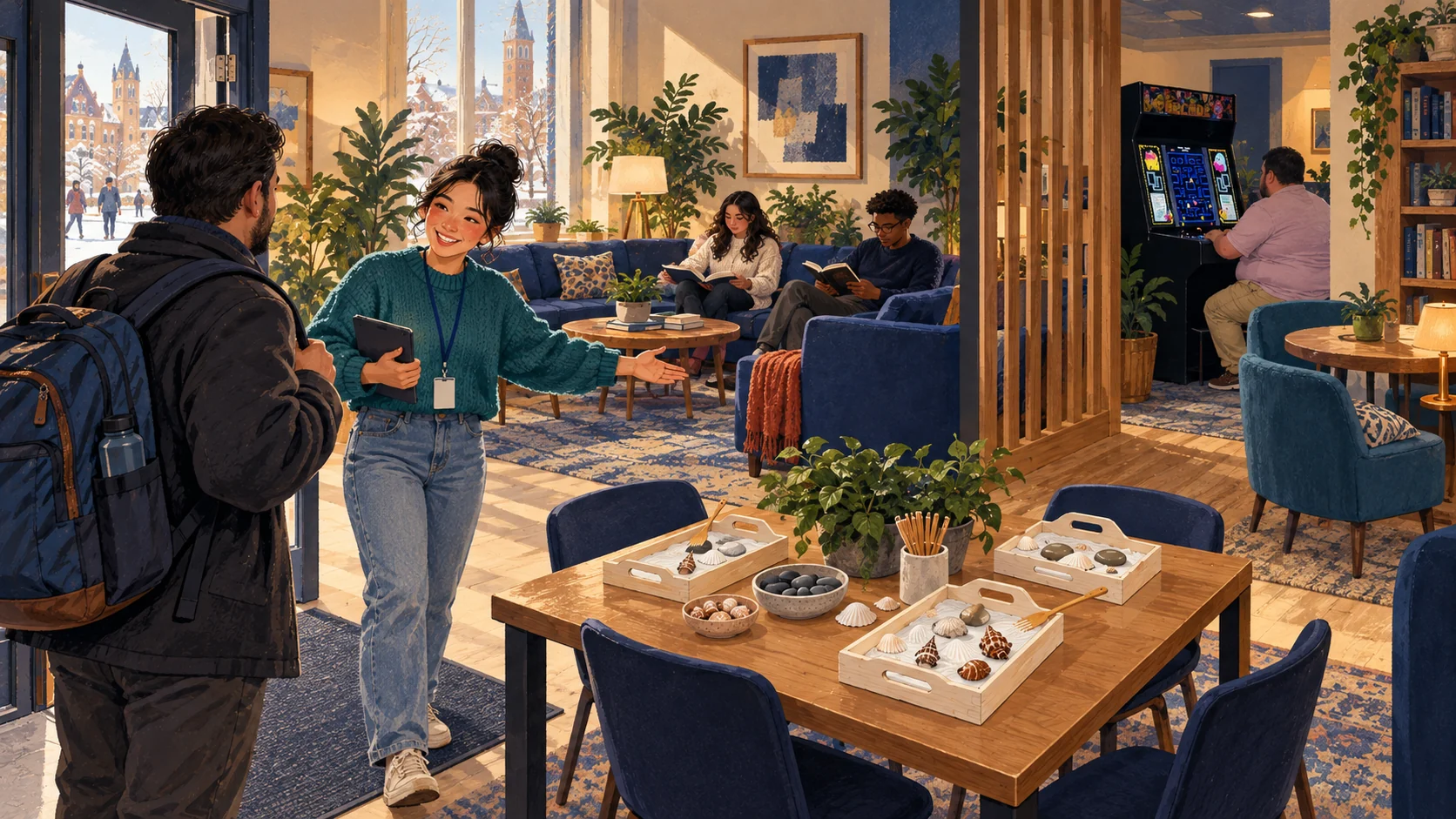 Illustrated campus study-break layout with a craft table, quiet seating, and a separate arcade area.