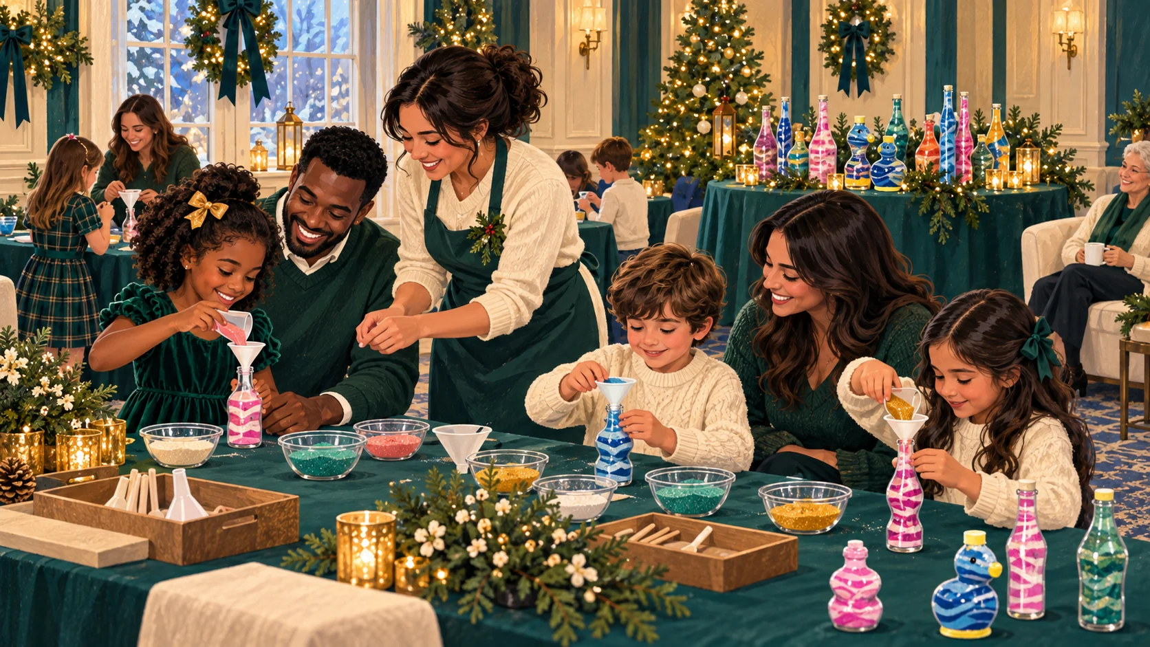 Illustrated company family holiday gathering with children making sand art alongside their caregivers.