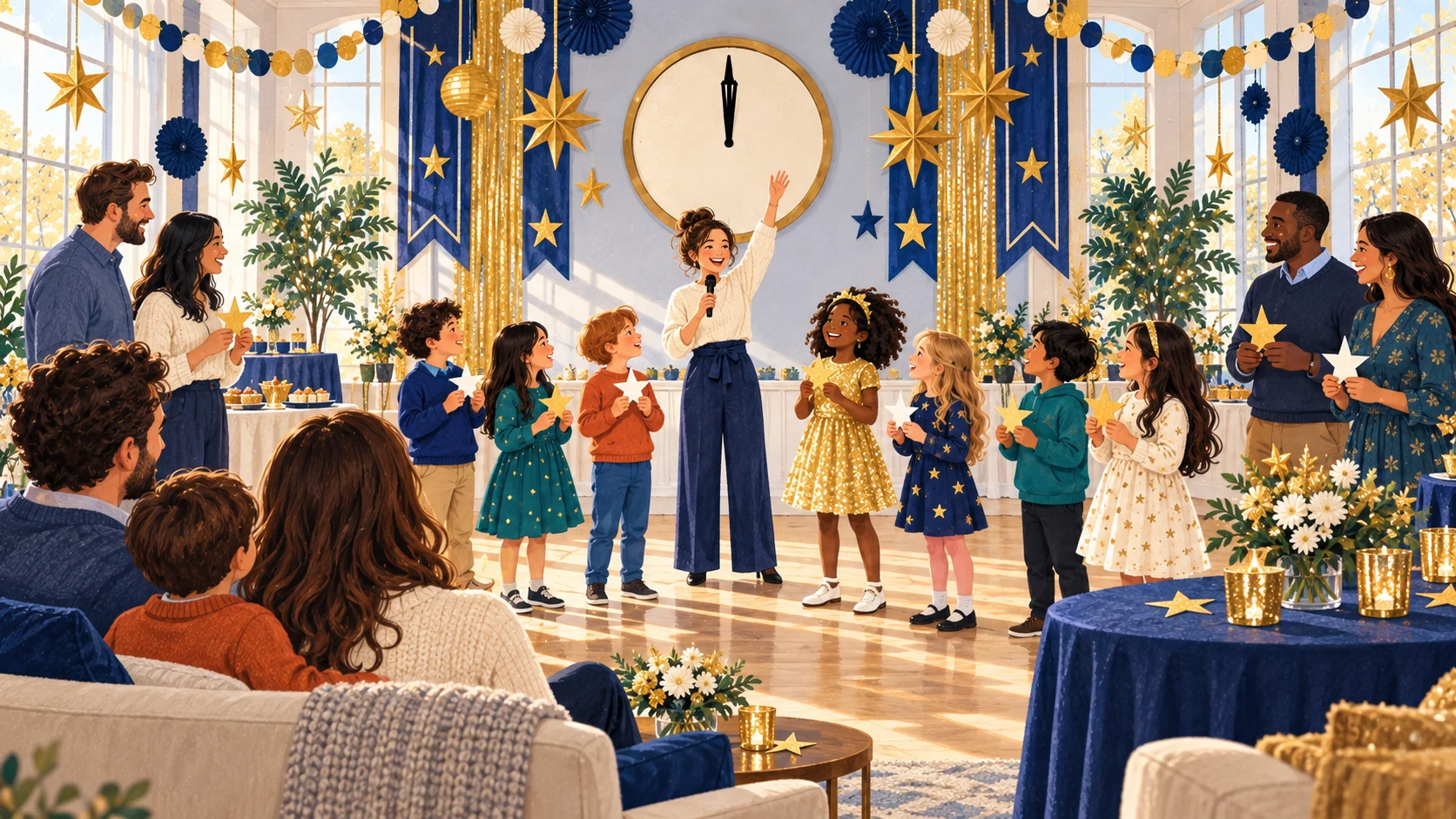Illustrated families celebrating a daytime countdown with paper stars and a clock at noon.