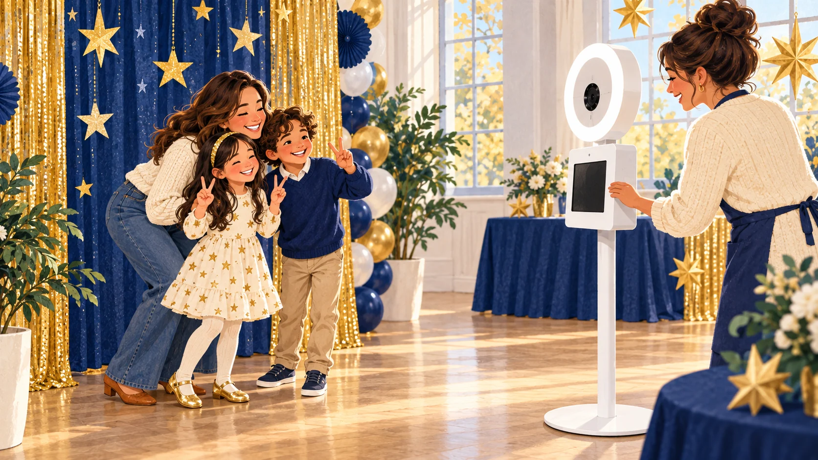 Illustrated family posing at a white open-air photo booth during a daytime New Year party.