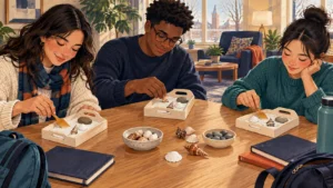 Illustrated college students making small sand-and-shell gardens in wooden trays at a quiet study-break table.