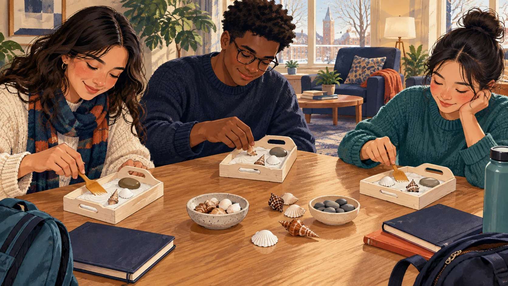 Illustrated college students making small sand-and-shell gardens in wooden trays at a quiet study-break table.