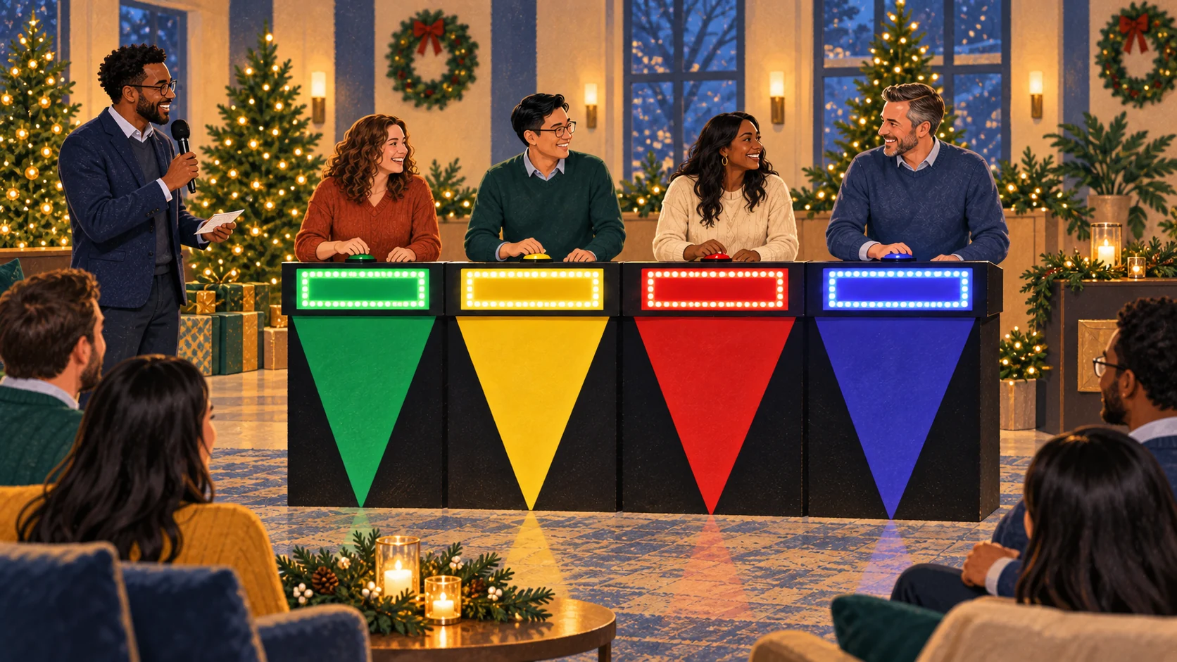 Illustrated coworkers taking part in a hosted game show with four colorful podiums.