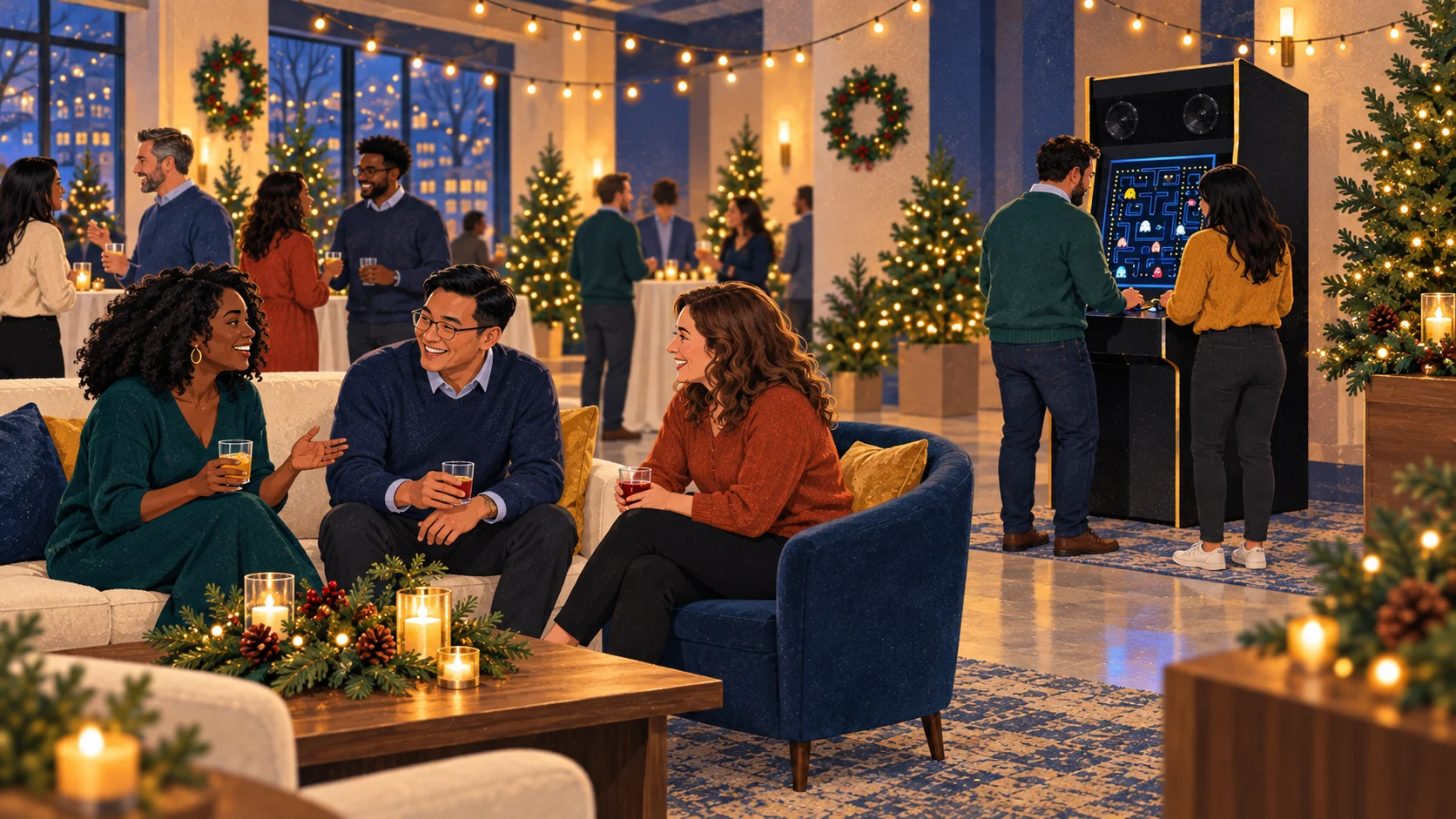 Illustrated holiday event with a quiet conversation area separated from an arcade station.