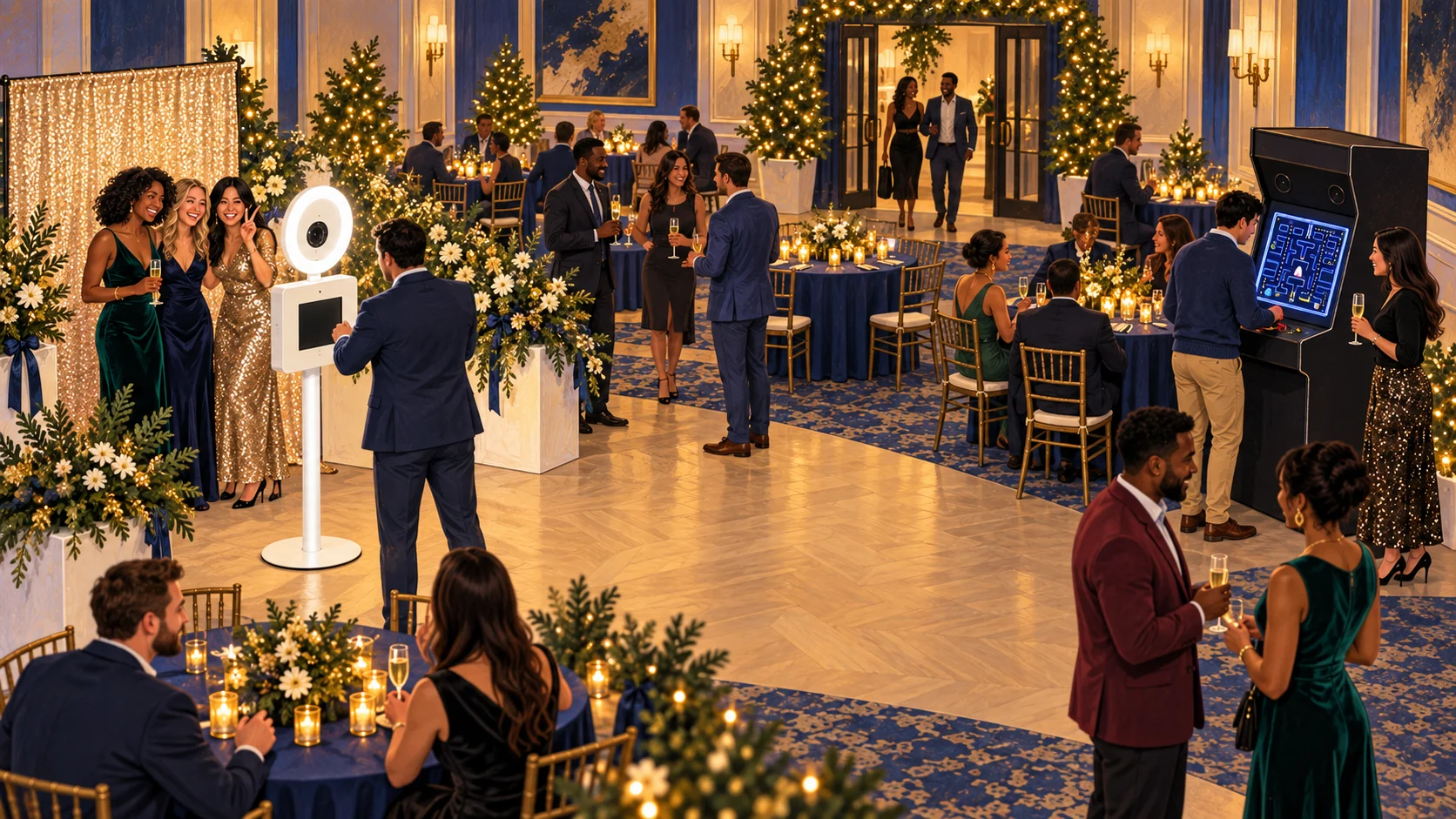 Illustrated evening reception with separate photo, arcade, and dining areas linked by open walkways.